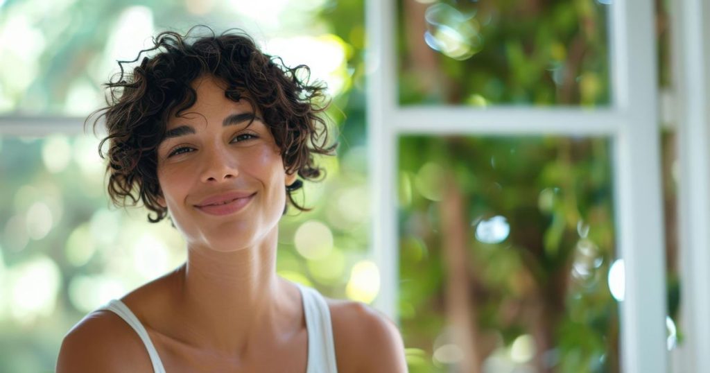 a woman looking fresh wearing white tank top smiling in a well-lit room in her house feeling thankful for a new life after narcissistic abuse.