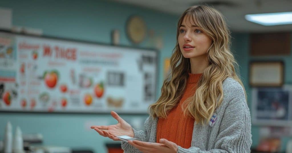 a woman in grey cardigan explaining to a classroom about how to set boundaries with toxic family.
