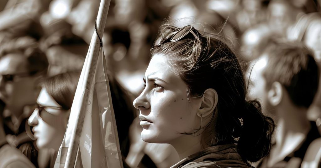 a photo of a woman in black and white standing holding a flag in the crowd, in the style of vintage photography, white and gray, close up intensity, uniformly staged images.