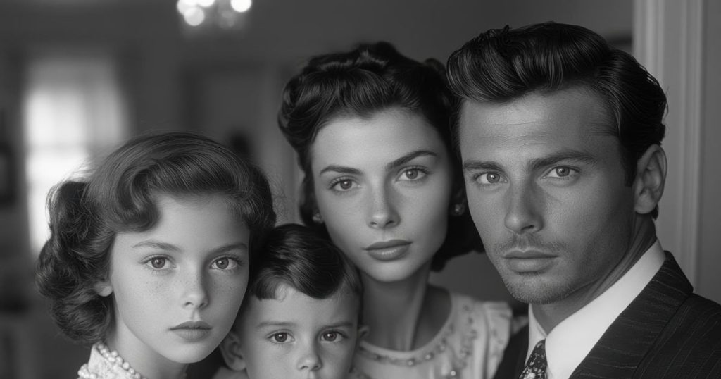 a black and white portrait of a family of parents, one girl and one boy in 1980s.