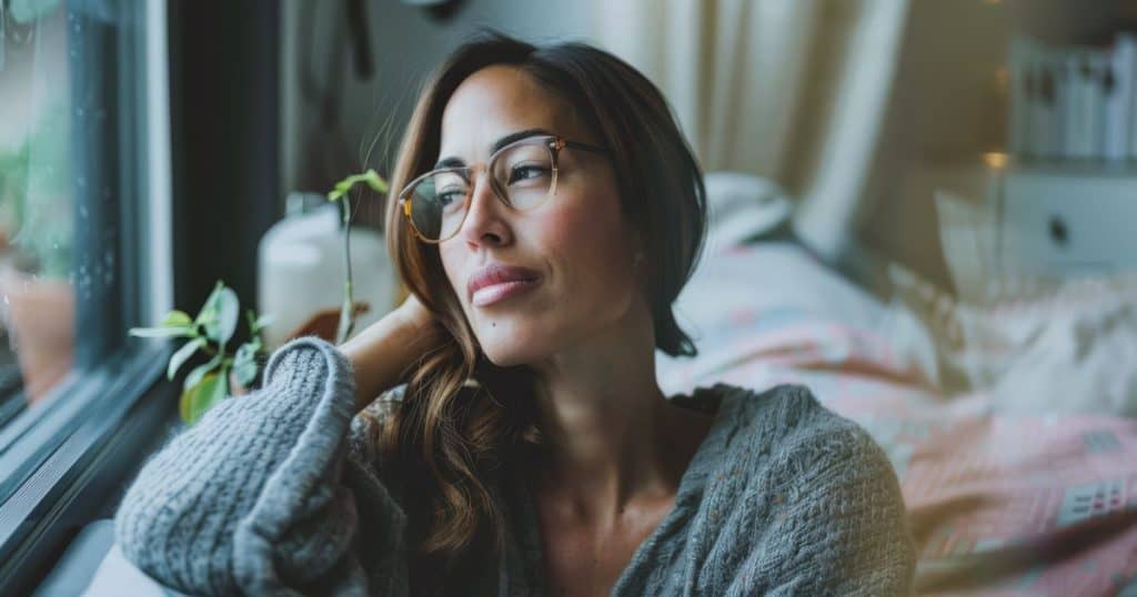 Young diverse woman in a day to day life scene at home wearing glasses with her brown hair down sitting on a cozy couche next to the window day dreaming.