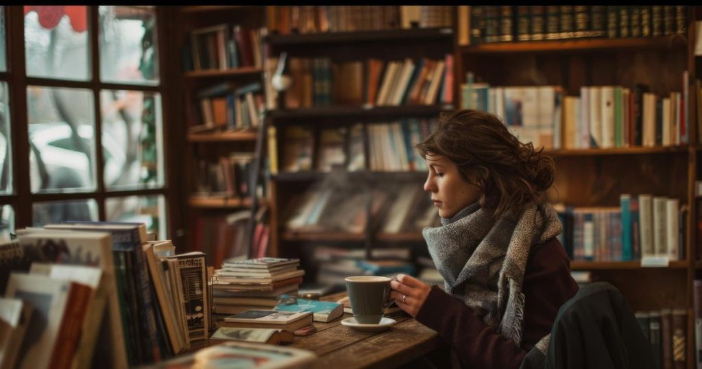 a woman sitting alone in a library with a cup of tea surrounded with books. She dresses in a very cozy sweater with her hair up concentrating on one thought.