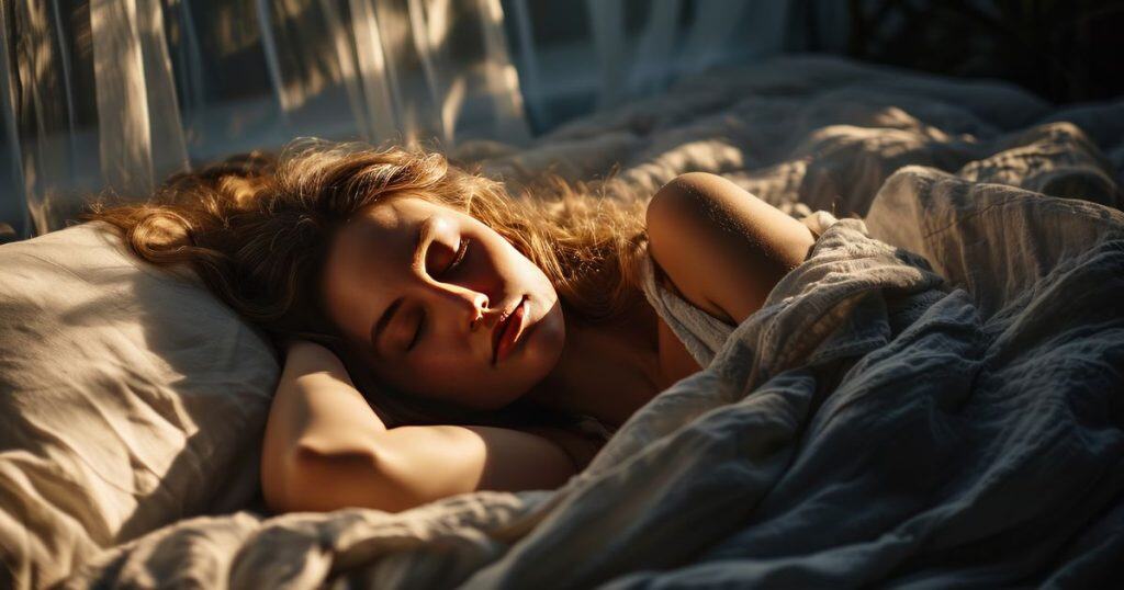 A woman is sleeping in a cozy bed at home while the early sunrise is beaming against her soft skin and soft brown hair.