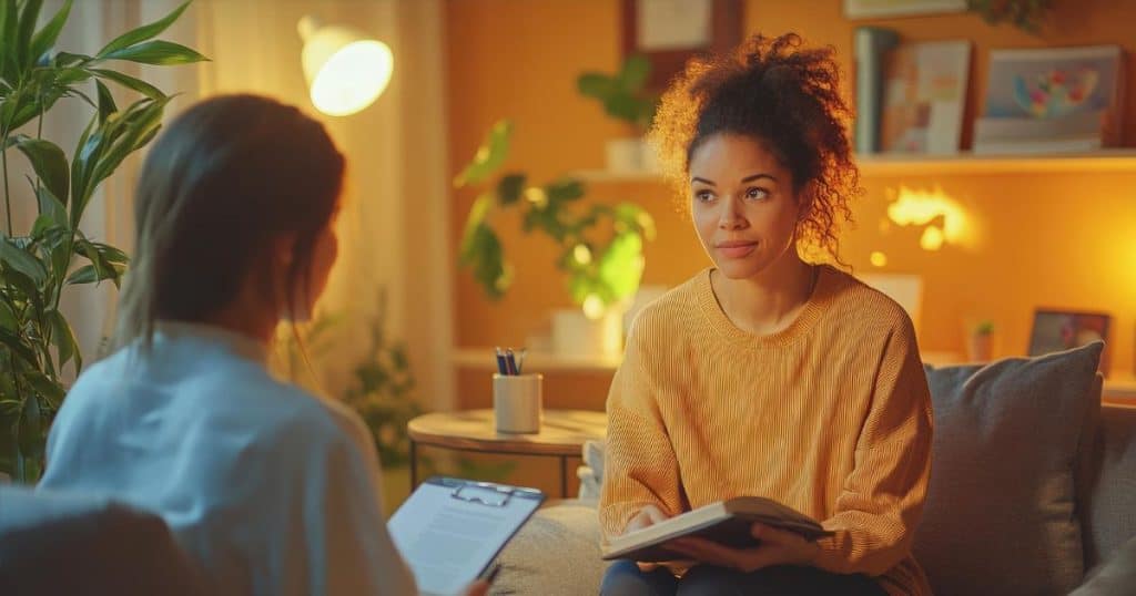 a woman in yellow shirt and her curly hair pull back sitting in a yellow therapy room talking to her therapist with an unsure face.