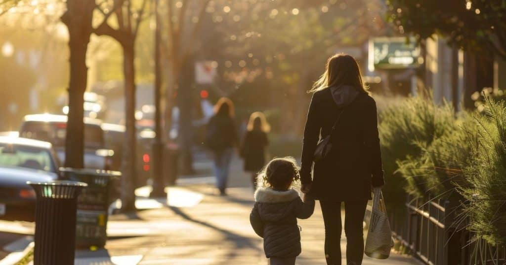 a woman walking on a sidwalk with her son enjoying a nice stroll in the fall away from toxic situation.