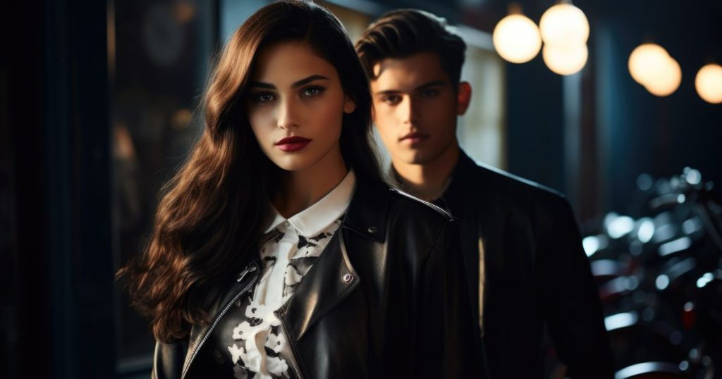 a man is standing behind a woman in a dark alley both dressing fashionable looking strong.
