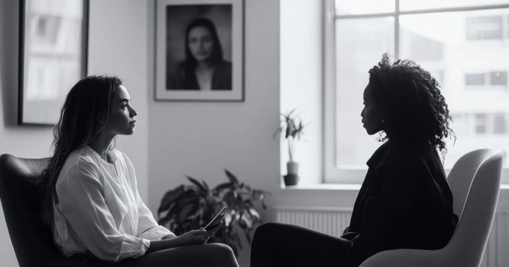 a black and white photo of a two women sitting across from each other in a therapy session. One has long black hair wearing white blouse and the other is african with curly short hair in black shirt.