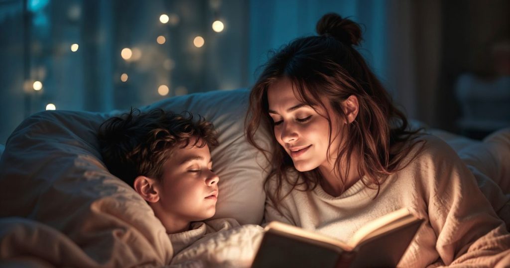 a mom is reading a bedtime story to her sleepy son under the dim yellow lamp on a cozy bed.
