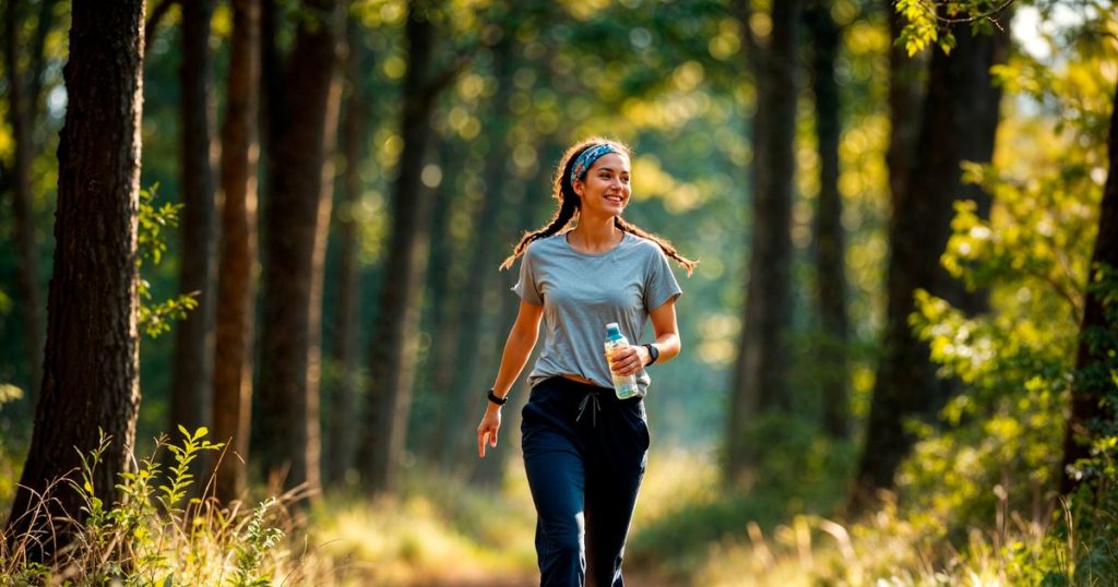 a woman in french braid holding a bottle of water wearing jogging gears walking in the quite green forest in the summer.