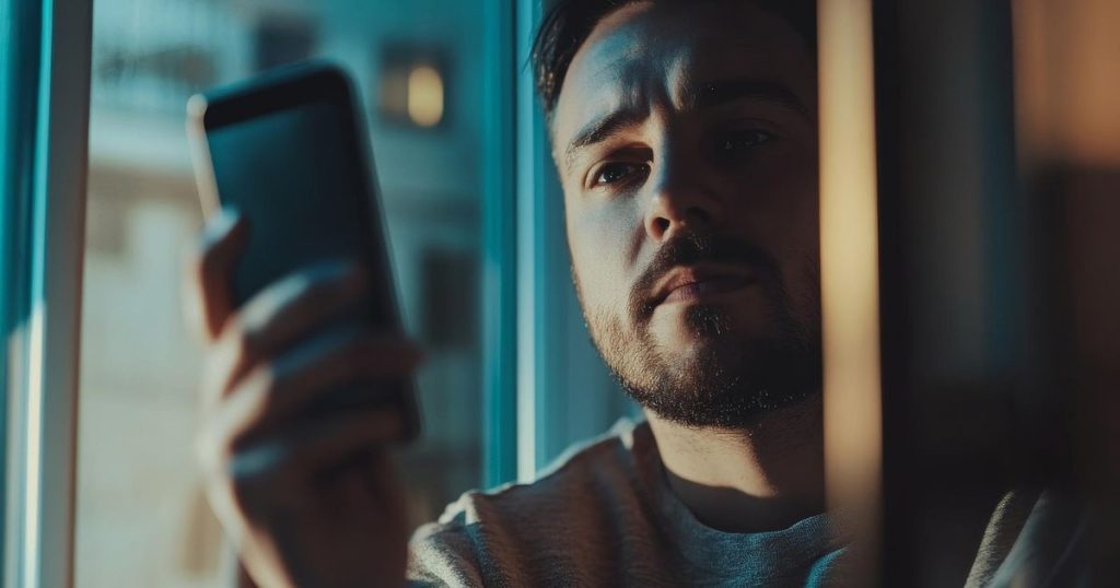 a sad looking man with a beard is looking at his phone in the evening sitting in his chair next to the window.