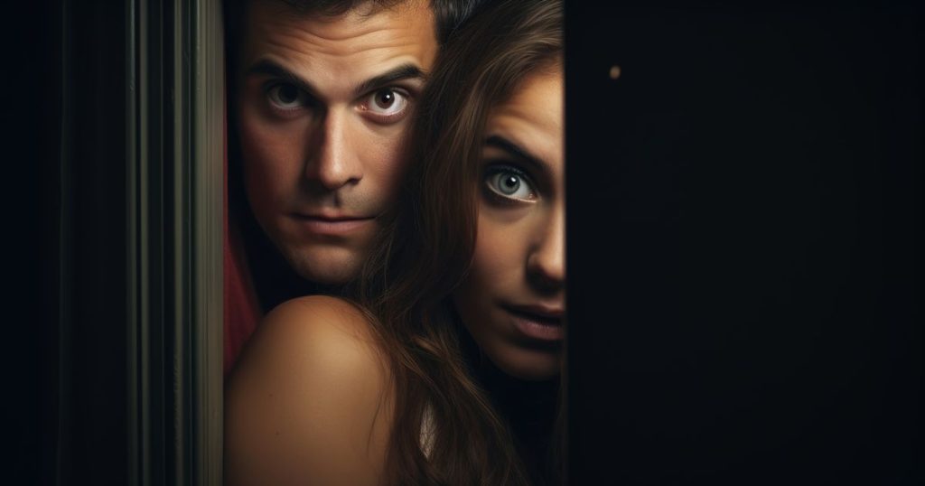 a picture of a man with wild eyes open looking suspicious standing behind a woman with her eyes full of fear in the darkness of the night.