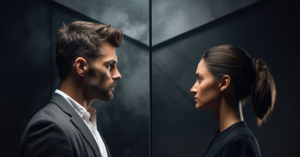 a man in business suite with a clean haircut is staring at a woman wearing a business suit in a ponytail. Both people are looking fierce in a grey and black background.