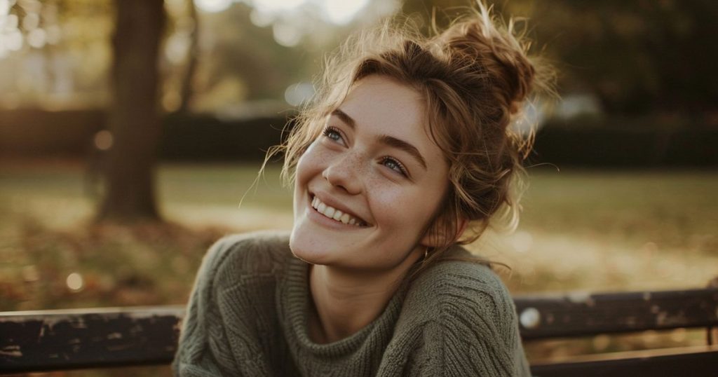 a woman smiling with her hair up in bun sitting in a park bench, Editorial Photography, in the style of layered textures and patterns, ethereal details, schoolgirl lifestyle, barbiecore, washed-out, glimmering transformation, frayed, out of frame.