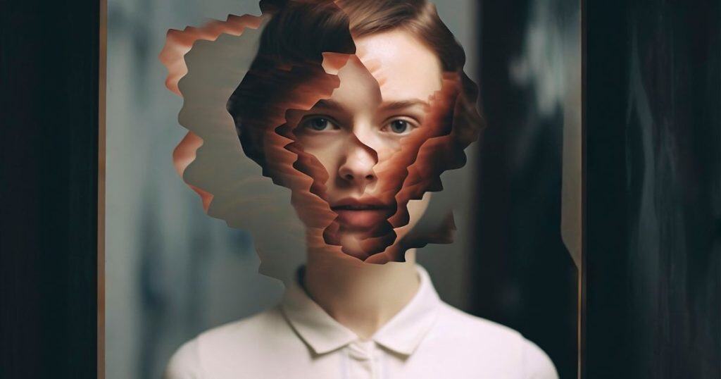 Portrait of a young woman with short red hair with visual metaphor for memory in a shattered mirror.