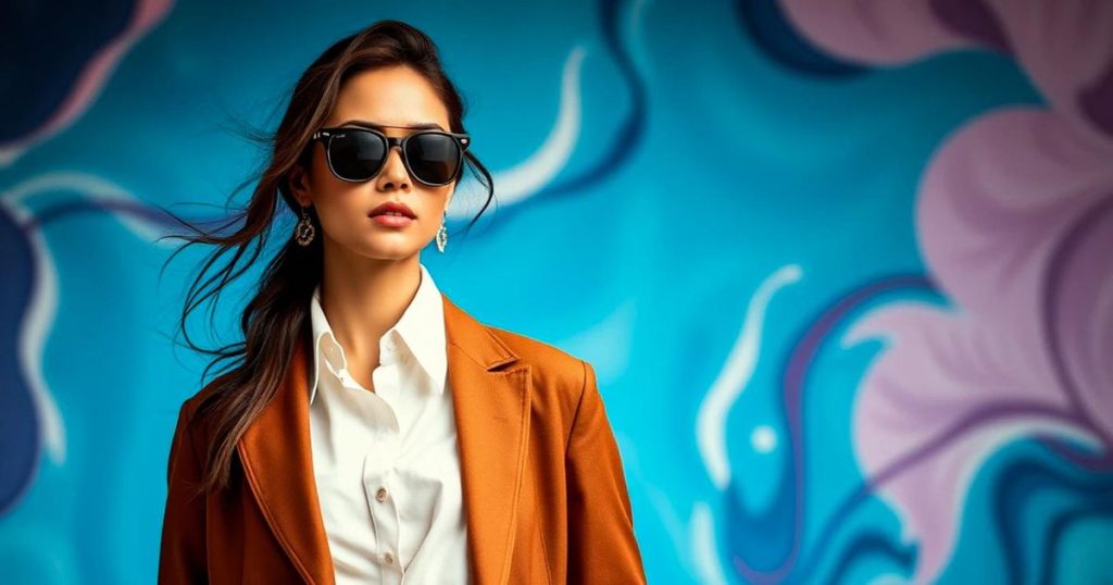 a cool looking woman in wearing sunglasses and an orange suite standing against a colourful background looking confident and cool.
