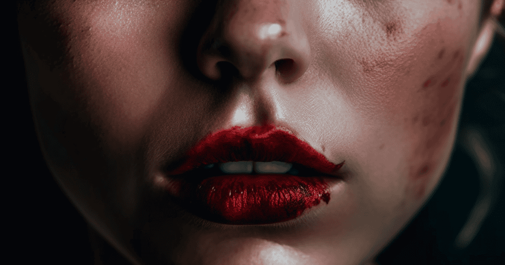 A close-up of a woman's bruised face and smudged red lipstick, symbolizing the emotional toll of gaslighting and the strength behind setting boundaries with narcissists.