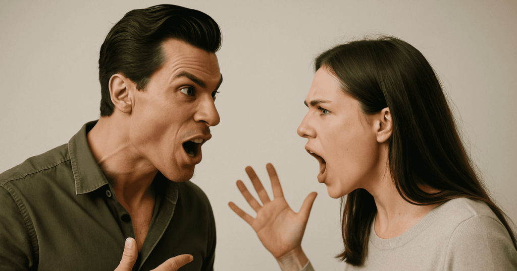 an image of a woman and a man argument yelling at each other.