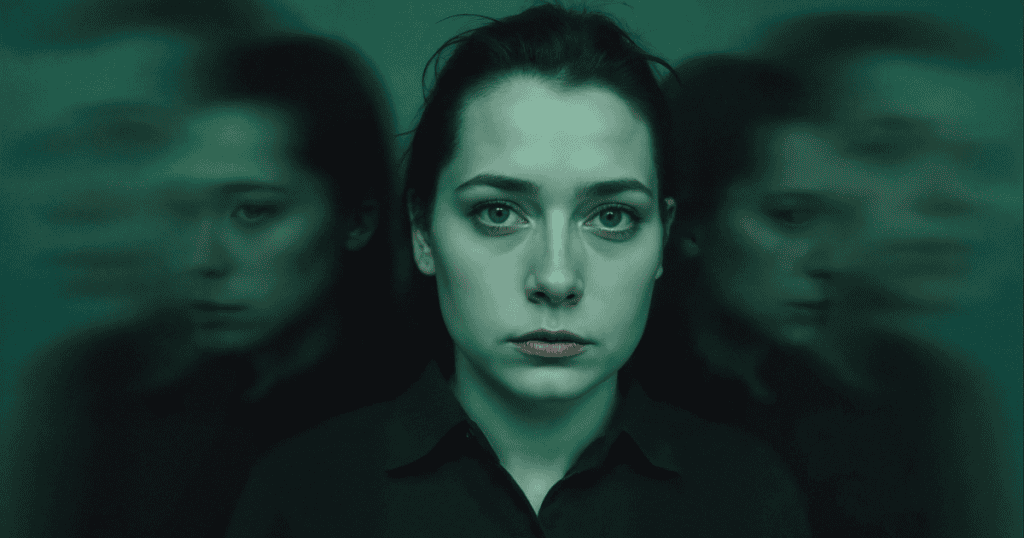 A woman staring ahead with a serious expression while blurred versions of herself surround her, visually portraying the inner fear and psychological pressure narcissists use to silence and control.