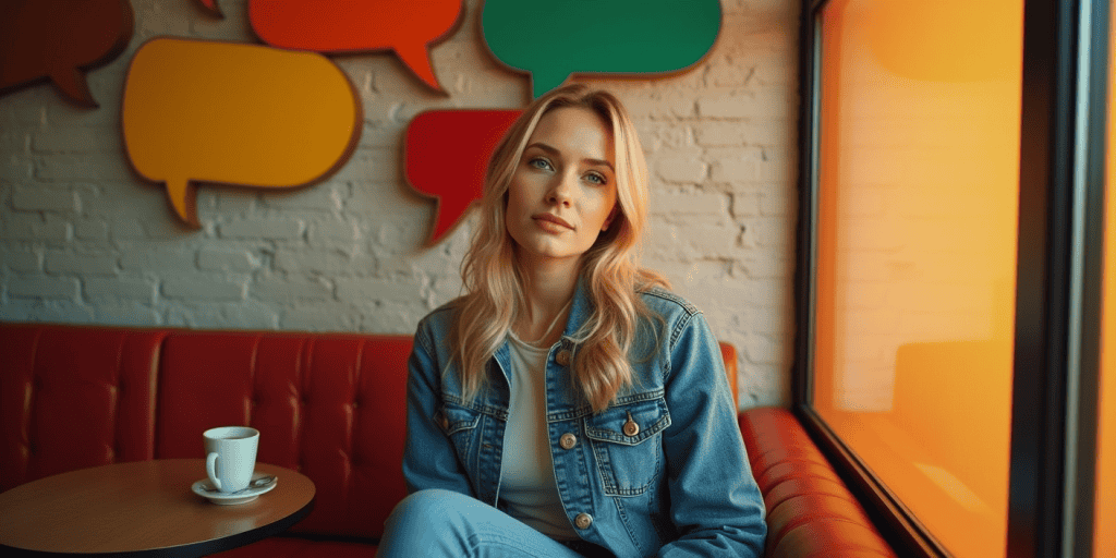 a blonde woman sitting in a colourful cafe with tea beside her looking hopeless wearing everything in jeans.