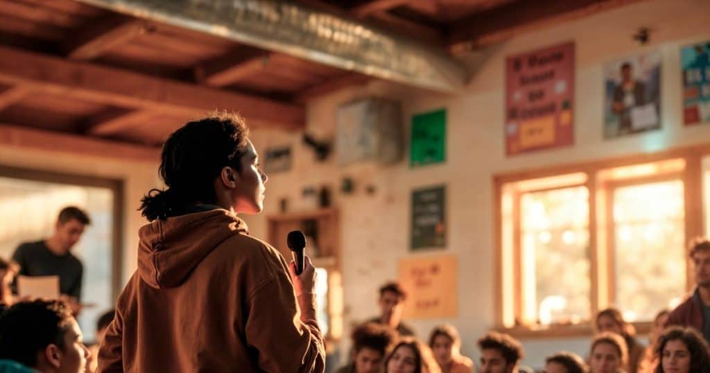 a picture of a woman wearing beige sweater speaking to a crowd.