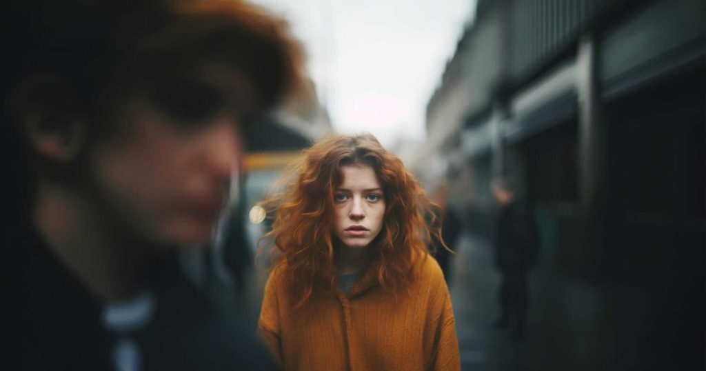 A woman in an orange coat stands alone on a city street, looking hurt and uncertain, while a blurred man walks away in the foreground. The image conveys emotional distance and vulnerability—capturing the feeling of still appearing available, a dynamic that narcissists often exploit.