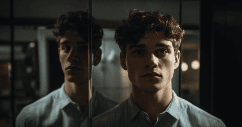 A man stands before a fragmented mirror, his expression unreadable, capturing the disjointed self-image and underlying fragility often masked by narcissistic behavior, hinting at the power of confronting manipulation with firm boundaries.