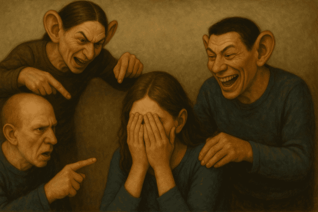 an illustration of a woman with her face on her hands surrounded by monkey human looking laughing at her.