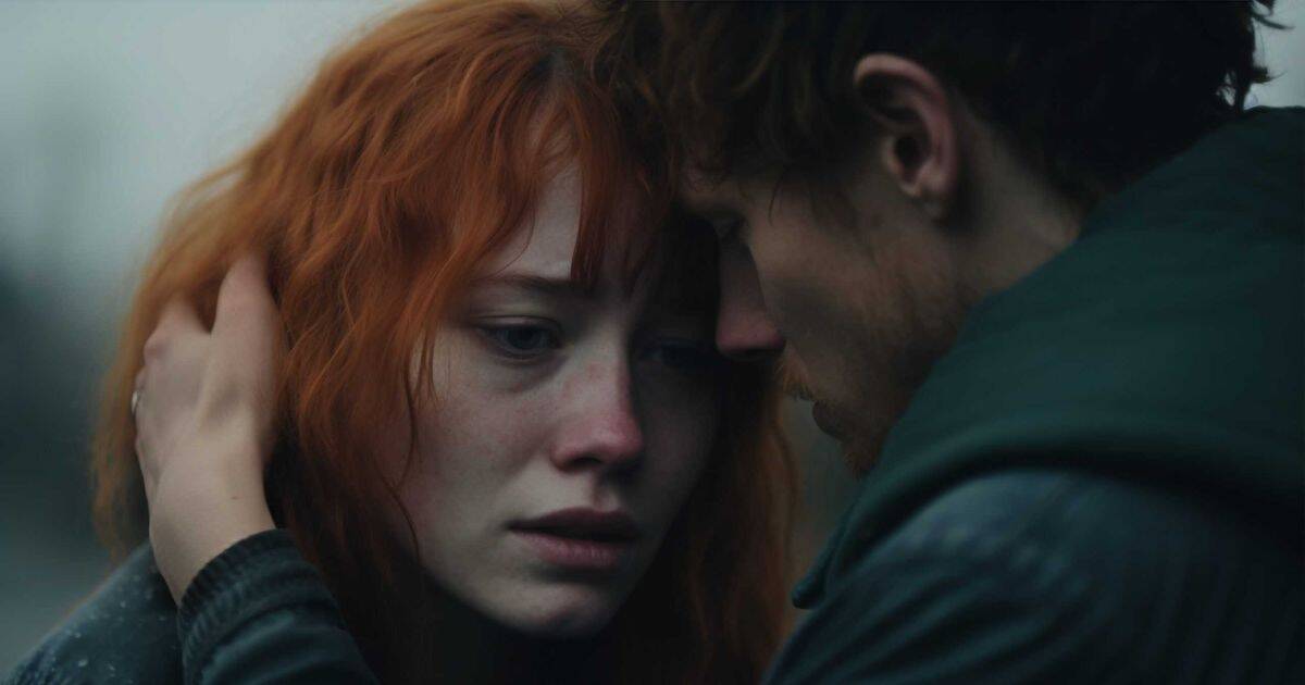 A distressed young woman with red hair is gently held by a man who appears to be speaking closely to her. Her expression is sad and vulnerable, suggesting emotional tension or conflict between the two.