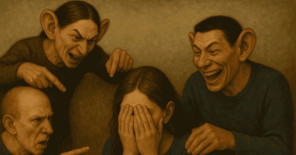 an illustration of a woman with her face on her hands surrounded by monkey human looking laughing at her.