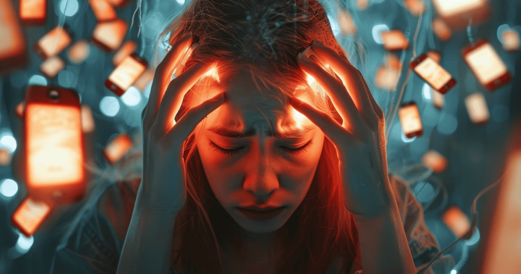 A woman clutching her glowing head in distress as floating phones surround her, visually representing the overwhelming and covert mental manipulation narcissists use to hijack your mind.