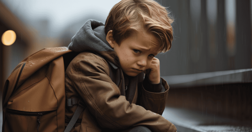 A young boy sits alone on a bench in the rain, looking sad and withdrawn, with a large backpack and a distant, pouting expression. A visual metaphor for how narcissists act like children to deflect blame—leaving their victims to carry the weight of accountability.