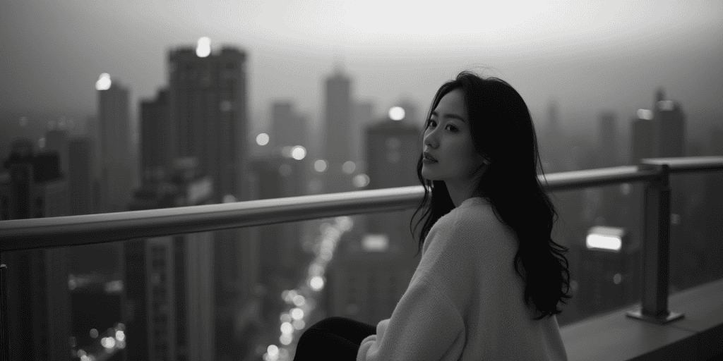 a black and white picture of a woman with long black hair standing at night on her condo balcony.