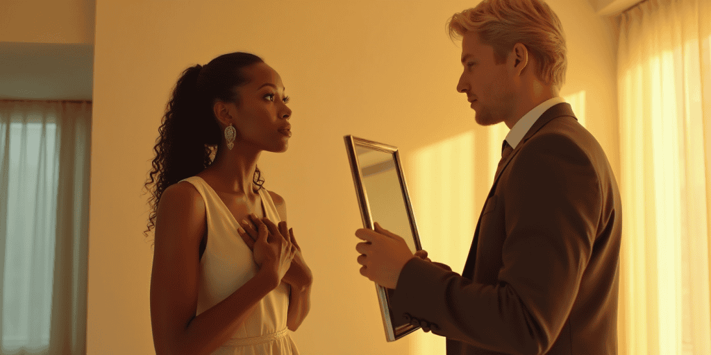 A narcissistic man holds up a mirror to a woman, throwing her past mistakes in her face to dodge accountability for his own lies.