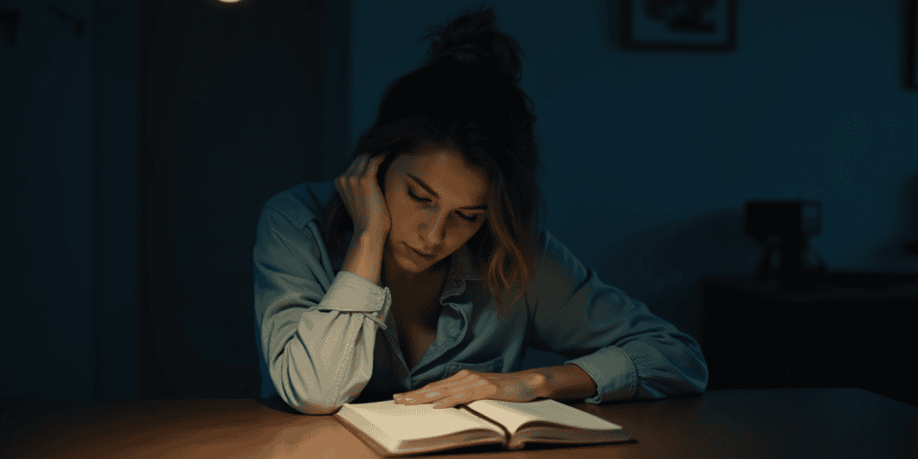 A woman reflects alone at night, a kind of self-awareness narcissists never reach.