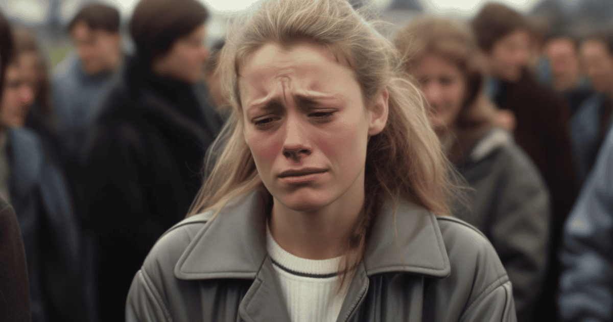 A young woman with red eyes and a tear-streaked face stands in a crowd, visibly distressed and emotionally overwhelmed. er expression reflects the silent pain caused by bullying disguised as “jokes” or “tough love.”