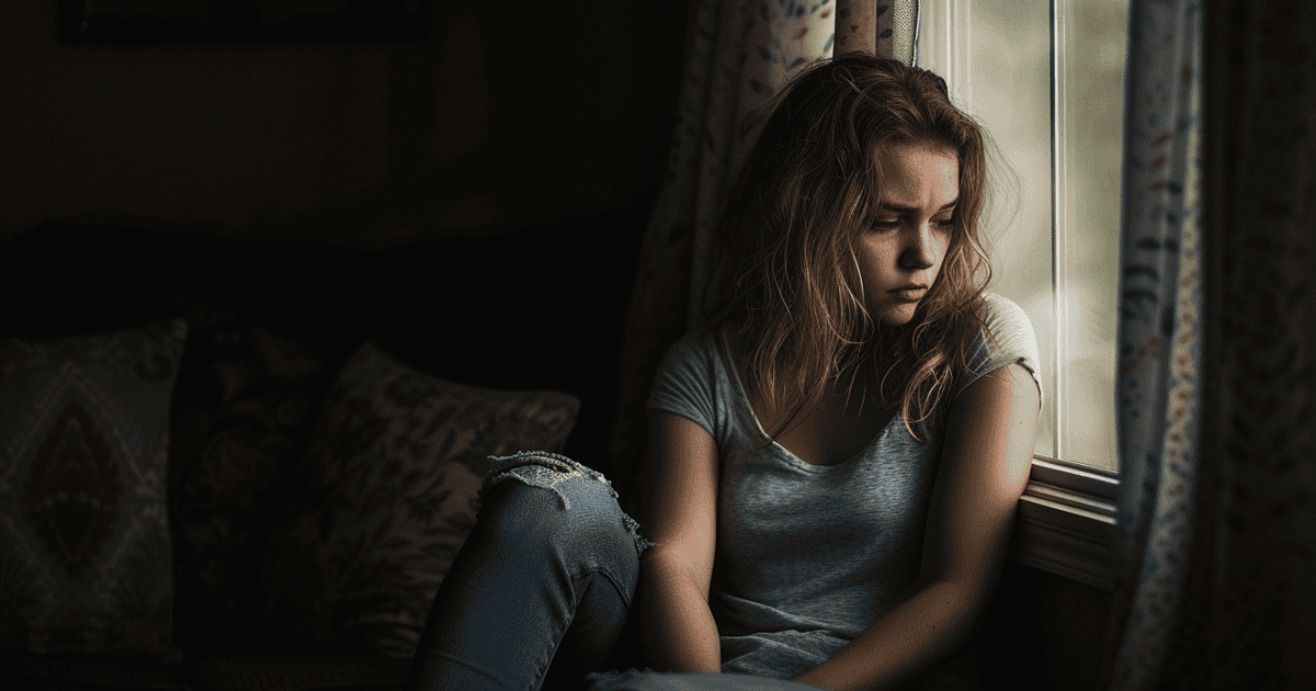 A young woman sits alone by a window, looking down with a sad and distant expression, dressed casually in a grey shirt and ripped jeans, bathed in soft, moody daylight. This implies that some betrayals echo louder in silence—especially the ones they’ll never admit.
