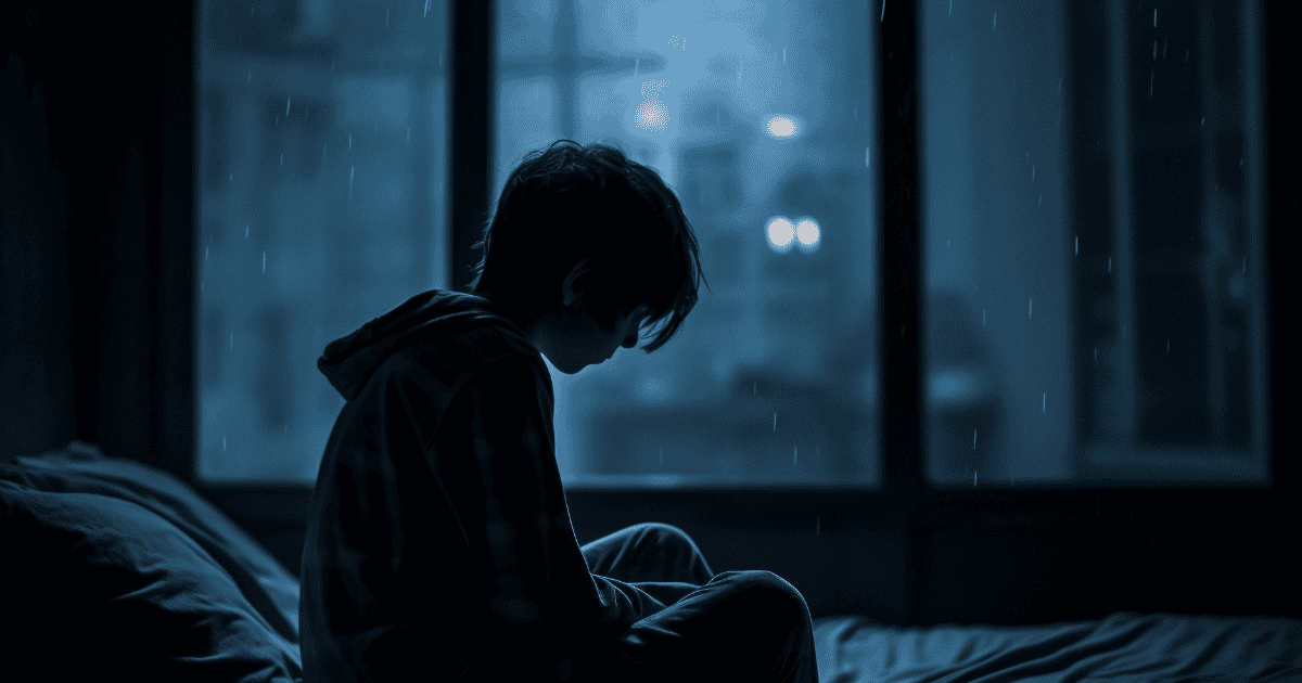 A young boy sits alone on a bed at night, head bowed in sadness, silhouetted against a rain-streaked window glowing faintly with city lights. This explains that when pride rewrites the truth, even your pain becomes the proof you’re to blame.