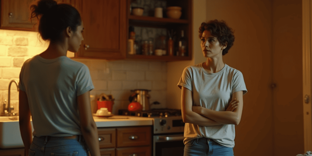 Two sisters argue in a tense kitchen, showing how narcissists confuse control with strength.