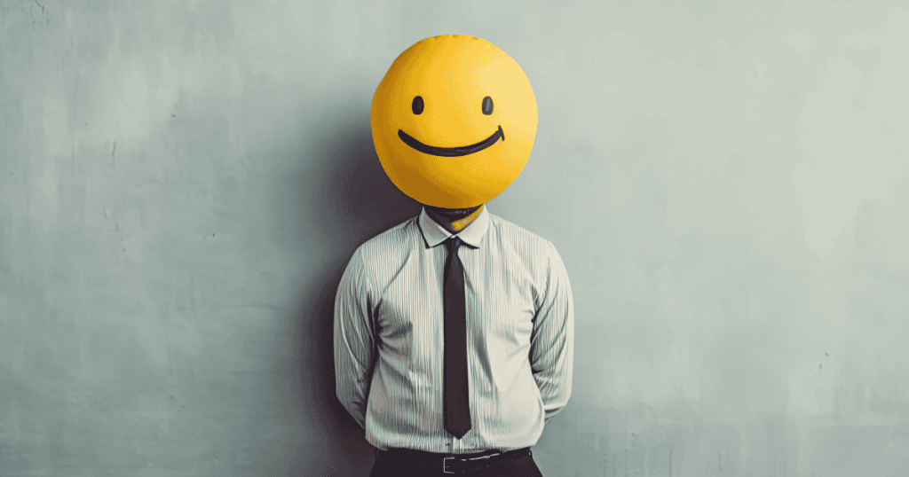 A person in formal attire stands against a plain wall with their head replaced by a large yellow smiley face, symbolizing a forced or deceptive display of happiness. A metaphorical depiction of emotional manipulation—conning you with false guilt behind a mask of cheer.