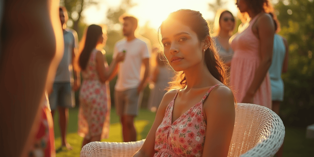A woman sits alone at a family gathering while others talk over her, showing how narcissists disguise control as concern or tradition.