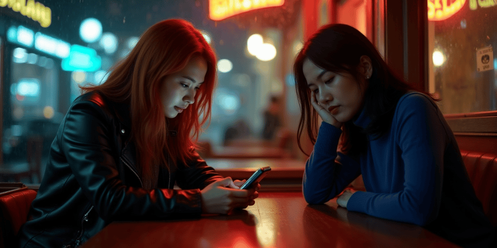 Two sisters sit across from each other in silence, one distracted and cold while the other feels emotionally dismissed by every fake apology.