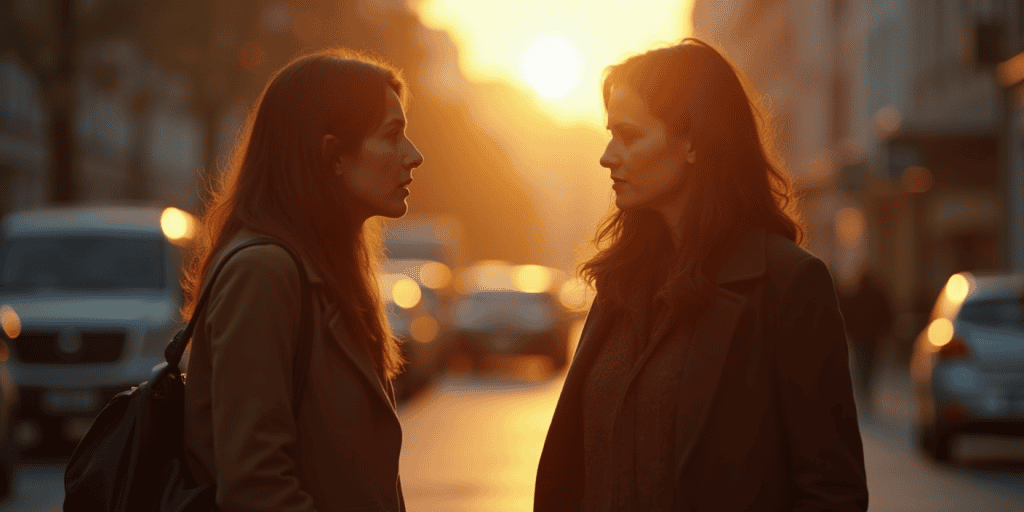 Two women confront each other on a city street at sunset, one trying to guilt the other into reconnecting with a narcissistic family member.