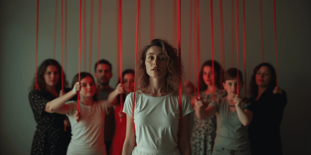a woman wearing white t-shirt standing in front of the crowd who is trying to control her with red rope.
