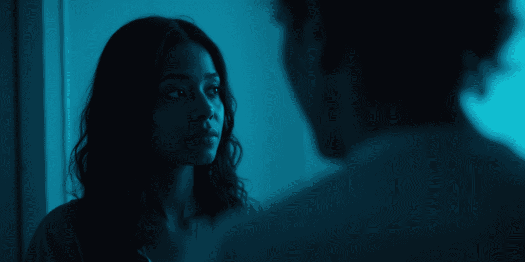 an image of a woman standing in the dark facing her friend in living room looking sad.