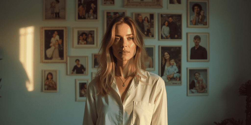 A woman stands alone in front of a family photo wall, questioning her memories as years of gaslighting come back to the surface.