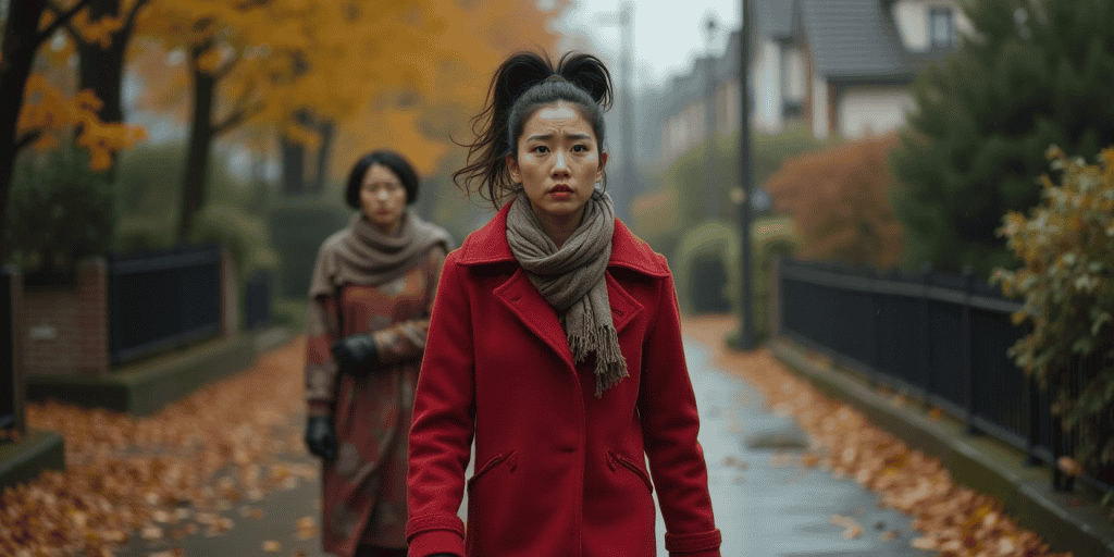 A woman walks away from her mother on a cold autumn street, overwhelmed by the emotional weight of guilt-based manipulation.