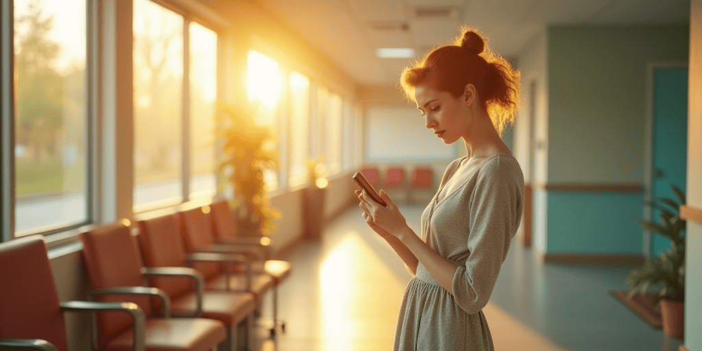 A woman stands alone in a hospital hallway, reading a dramatic text and wondering if it's real or another narcissistic tactic.