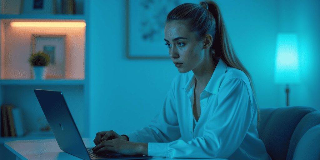A woman stays calm at her laptop late at night, choosing strategy over emotional reactions to family manipulation.