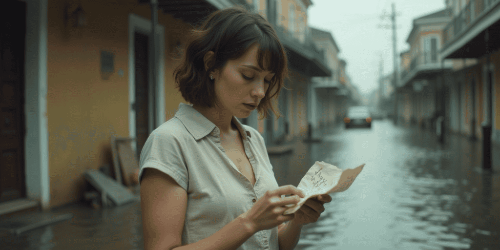 A woman stands alone reading a letter in a flooded street, trying to stay grounded while drowning in the emotional chaos caused by gaslighting.
