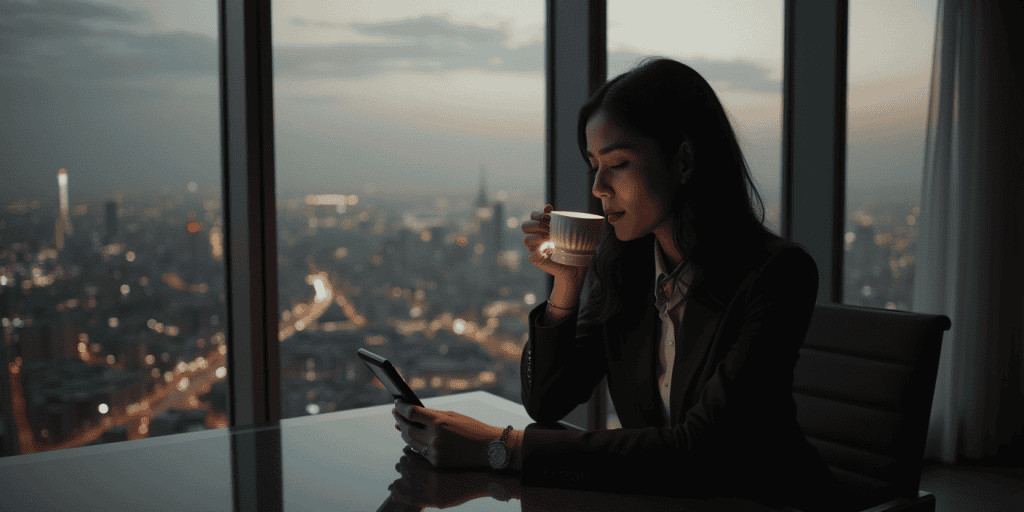 A woman looks at her phone with a blank expression, sipping coffee while ignoring the family chat full of guilt-trips and narcissistic jabs.